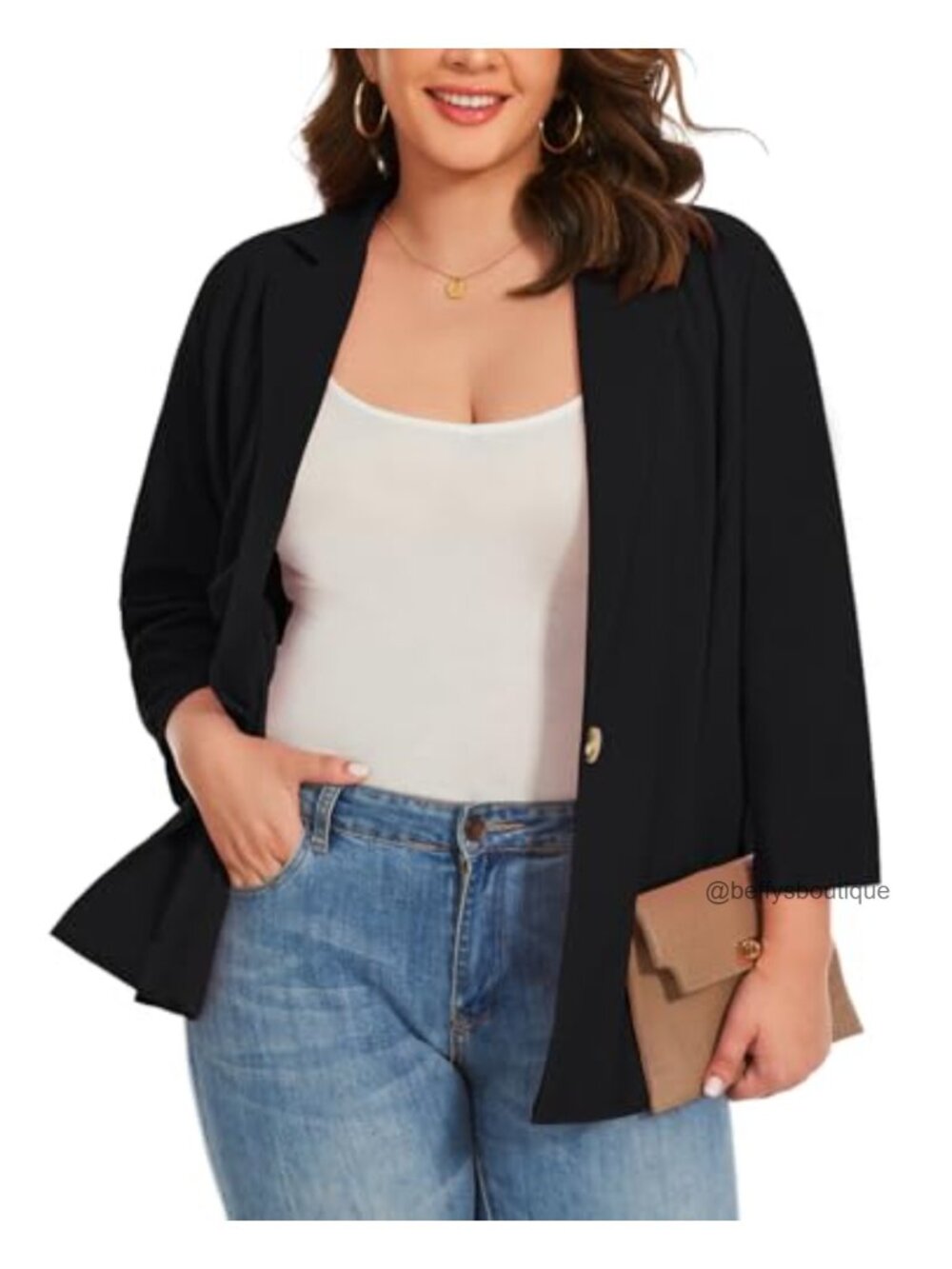 Plus Size Business Casual Blazer 3/4 Sleeve Button Front Pockets Lightweight